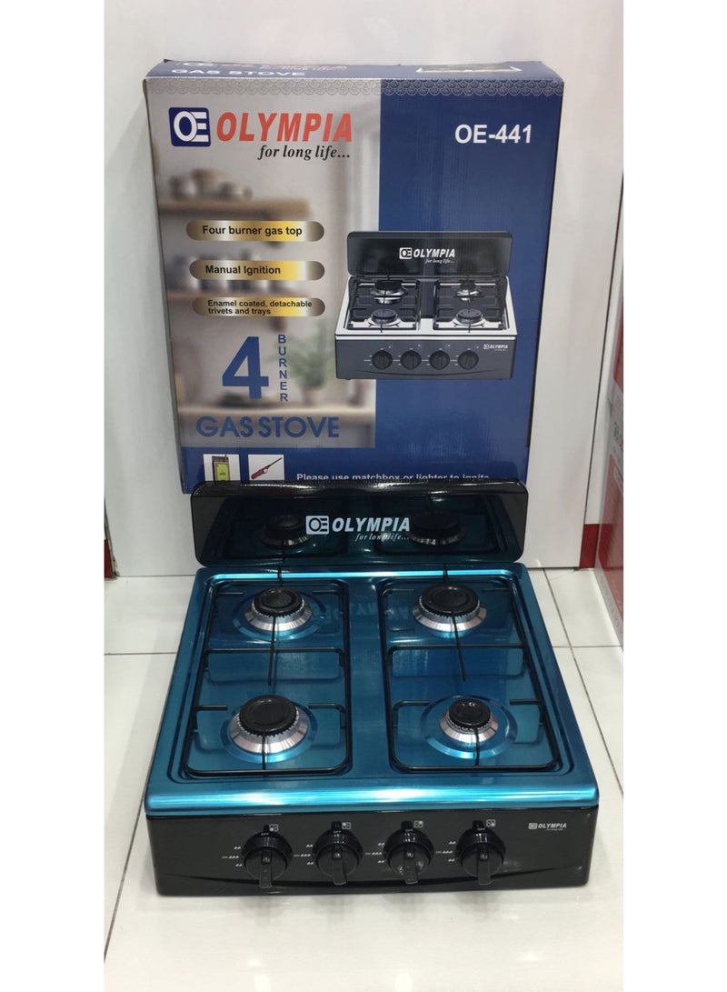 Olympia موقد غاز أوليمبيا OE-441 بأربعة شعلات إشعال يدوي، تشطيب مطلي بالمينا، صواني شعلات قابلة للفك، بناء ثقيل، مقابض تحكم سلسة لطهي آمن وفعال - Image 1